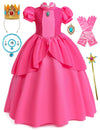 Isswya Pink Princess Costume Girls Cosplay Princess Peach Dress Kids Halloween Birthday Party Dress Up Outfit Clothes 7-8Y