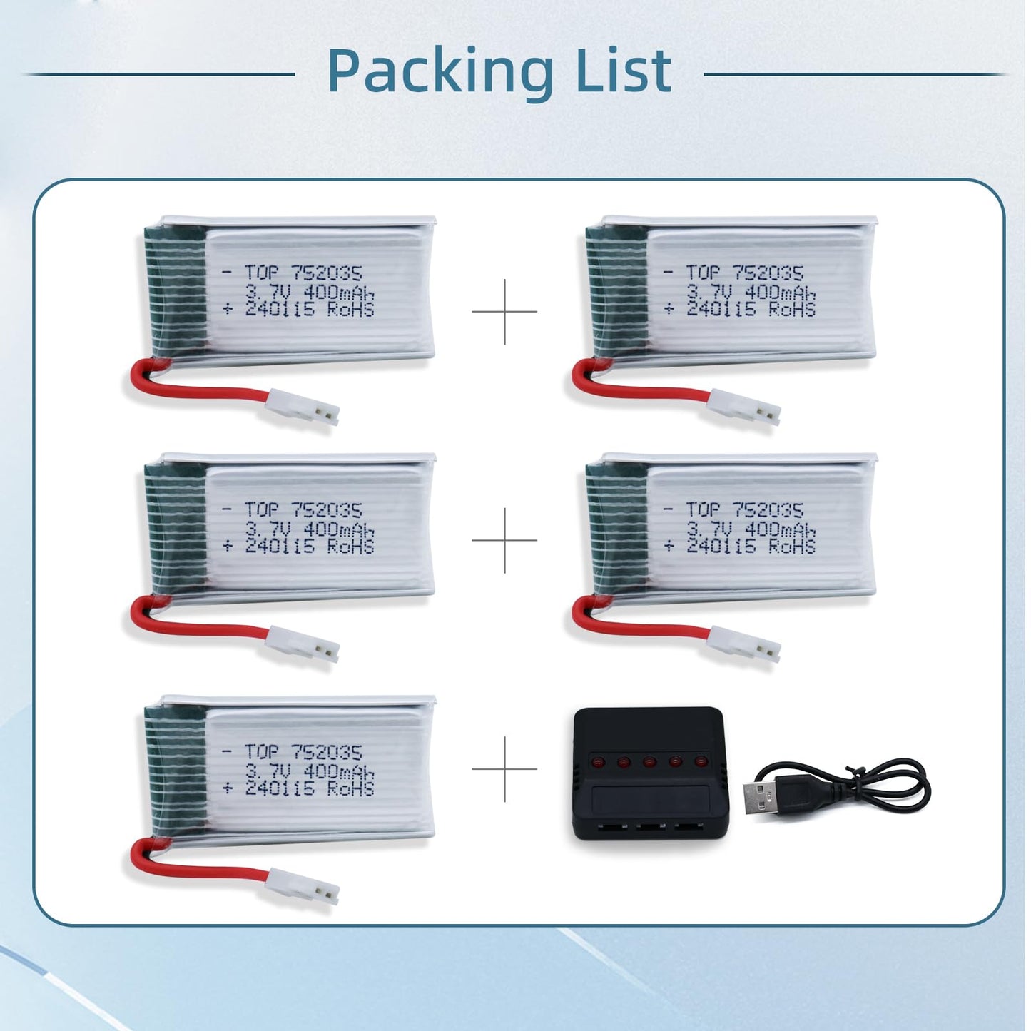 Tosiicop 3.7V 400Mah Lipo Battery - 5Pcs Drone Batteries with 5in1 USB Charger for Syma Q11 H99W H31 H6C H98 TR-C385 TR-P51 TR-F