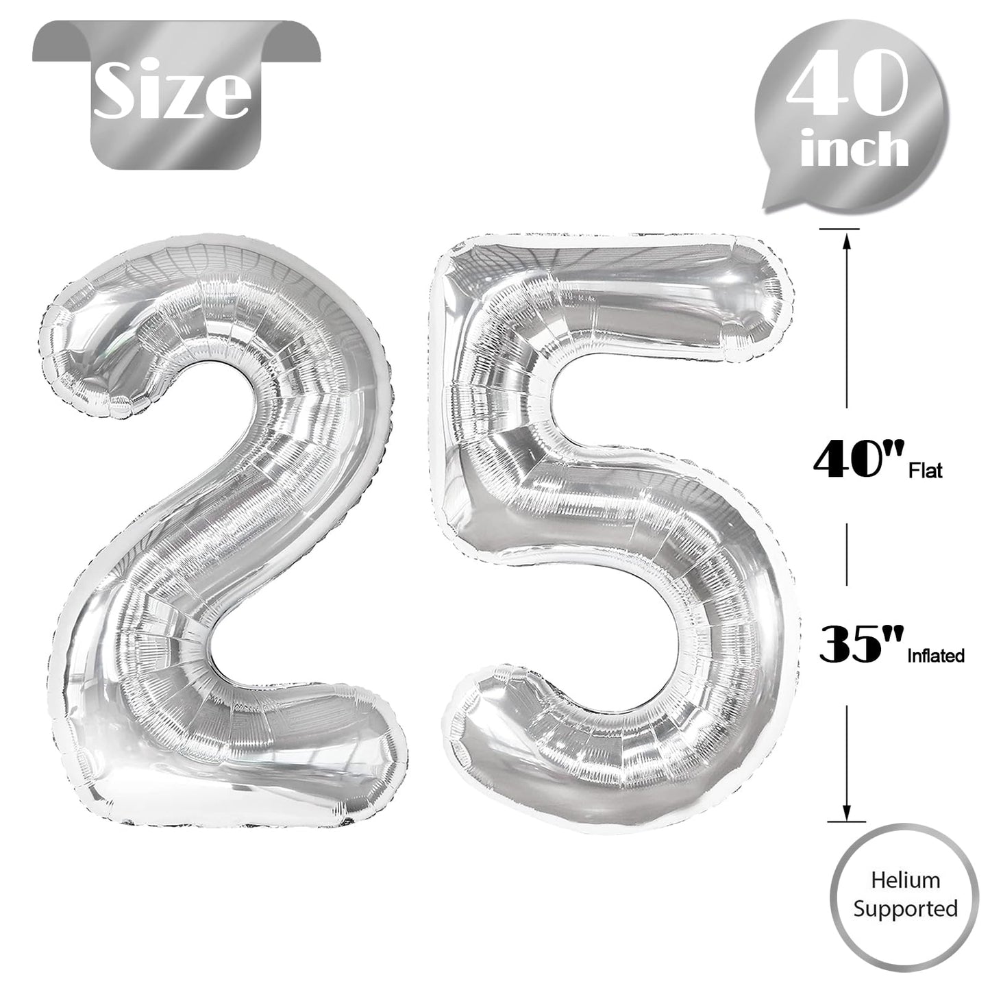 25 Balloon Number, Silver Number 25Th Birthday Balloons 40 Inch, 25 Or 52 Years Old Silver Birthday Decorations For Men Women, 2