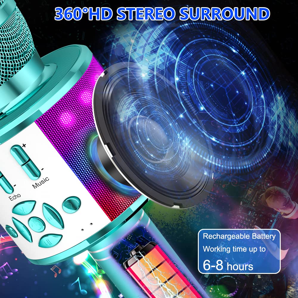 Amazmic Kids Karaoke Microphone Machine Toys For Girls Bluetooth Microphone With Led Light, Birthday Gift For Girls Boys 3 4 5 6 7 8 9 10 11 12 Year Old Kids Toys(Blue)