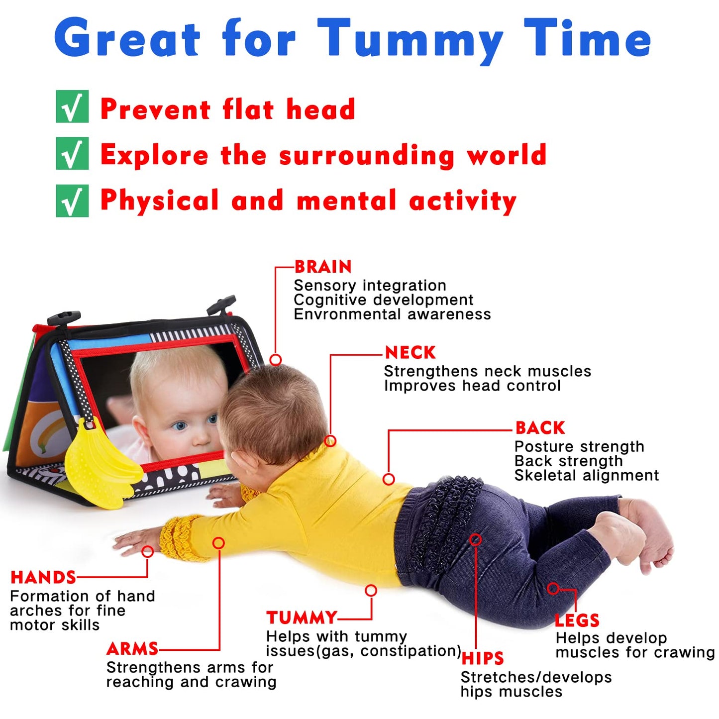 Tummy Time Baby Mirror Infant Toys Newborn 0 3 Months Brain Development With Crinkle Cloth Book Teether Black And White High Contrast Baby Toys 2 4 5 0-6 Month Boys Girls Sensory Activity Shower Gift