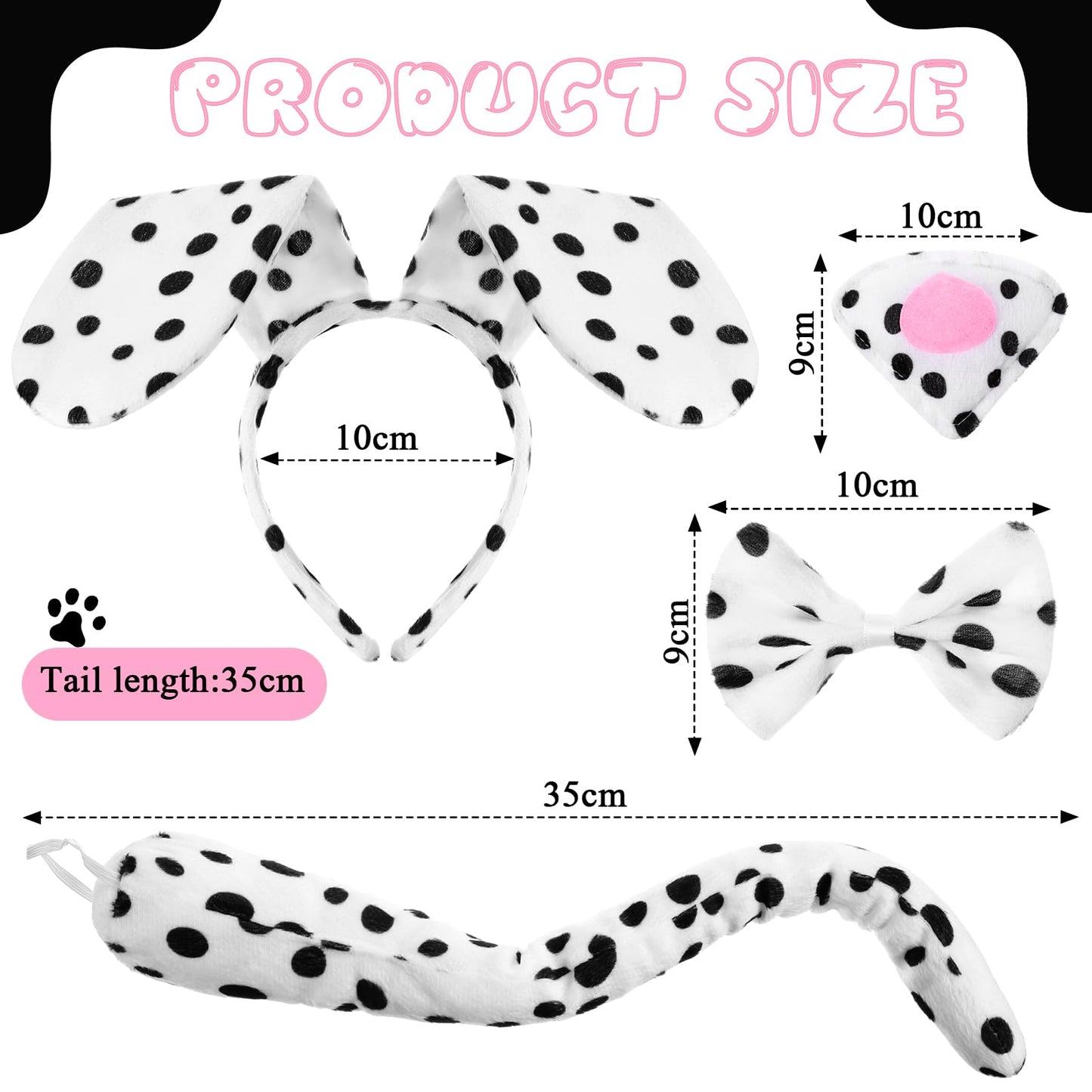Syhood Puppy Dog Costume Set Kids Dog Ears Headband Bowtie Nose Tail Paw Gloves Puppy Animal Costume For Halloween Carnival World Book Day(Black White,Classic Style)