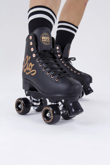 Rio Roller Rose Roller Skates - Unisex Indoor/Outdoor Quad Roller Skates For Women And Men (Mens 7 / Ladies 8, Black/Rose Gold)