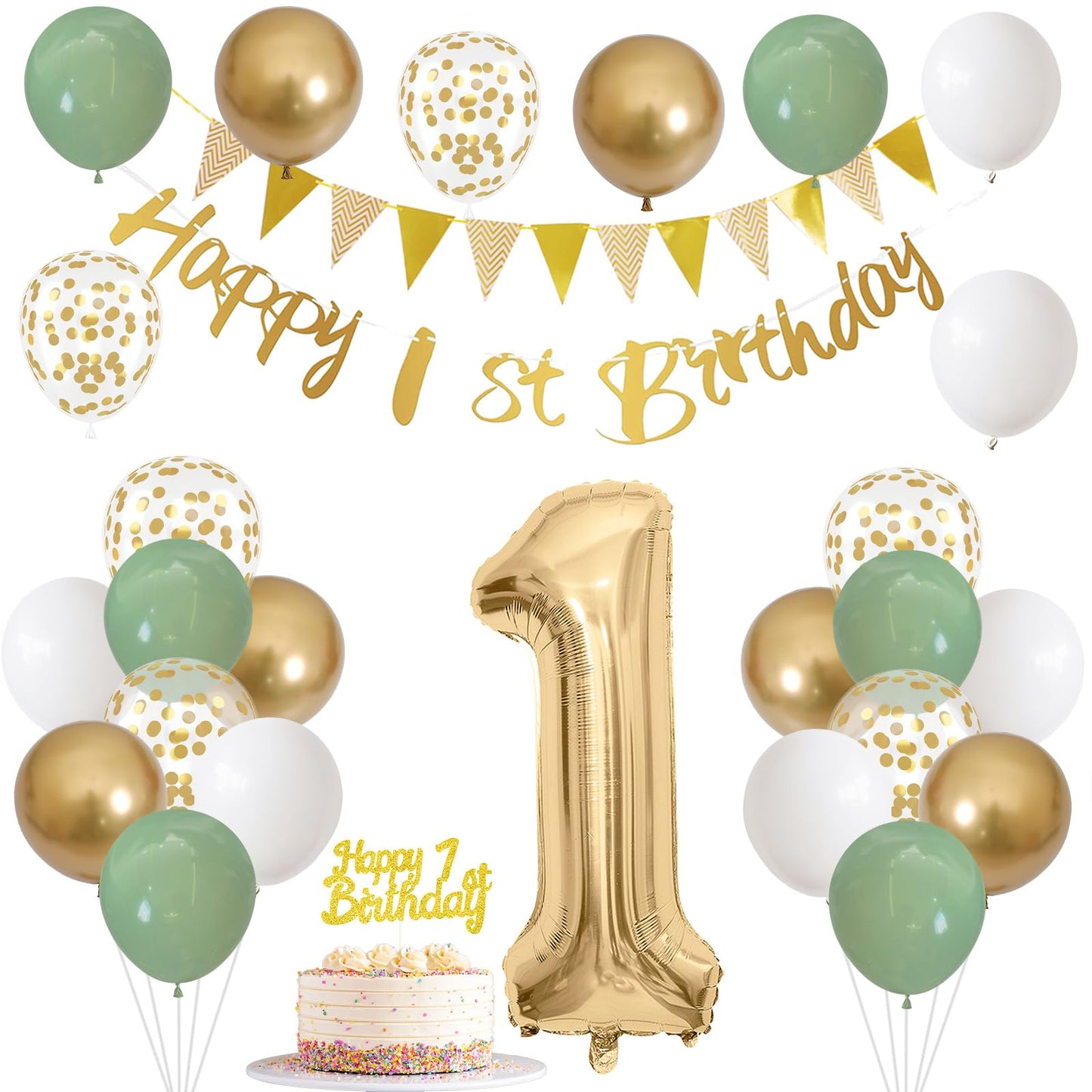 1St Birthday Decorations For Boys Girls, Sage Green White Gold Birthday Balloons With Happy 1St Birthday Banner First Birthday C