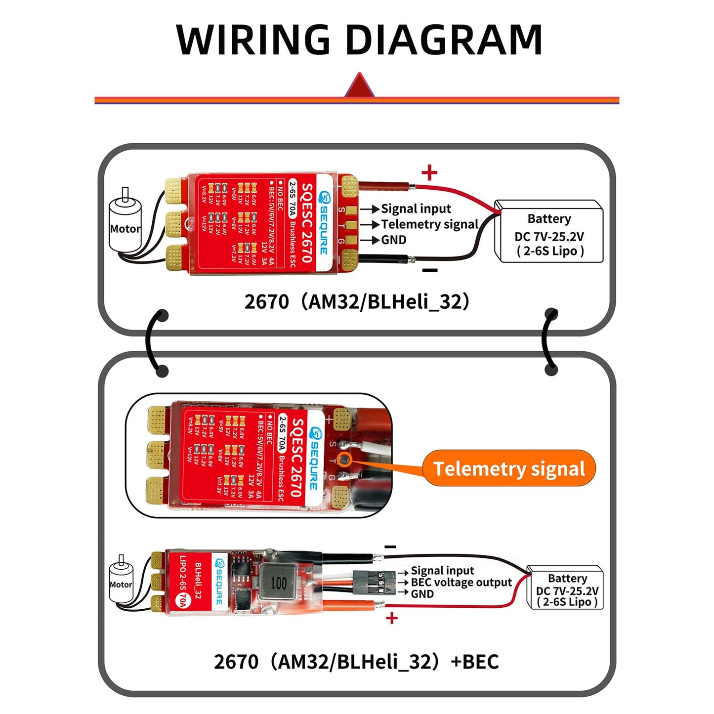 SEQURE 2670 Brushless ESC,70A RC Motor Electric Speed Controller, AM32 ESC 2-6S Lipo for FPV Drones, Airplanes, Car/Boat Models