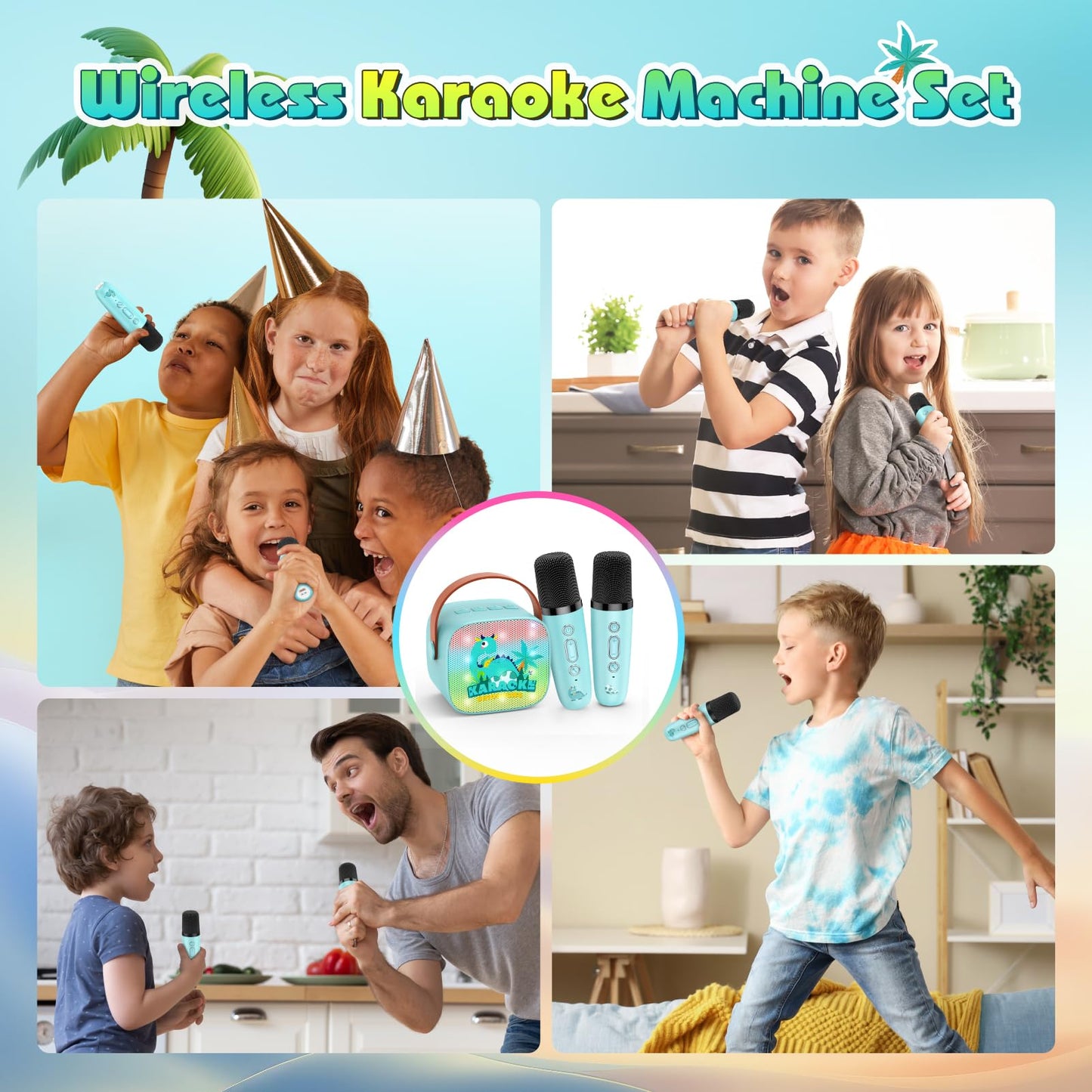 Dinosaur Karaoke Microphone Machine Toys: Colorful Led Portable Bluetooth Speaker With 2 Wireless Mics Boy Toys Christmas Birthday Gifts For 4 5 6 7 8 9 Years Old Girls Boys Kids Ages 5-7 8-12+
