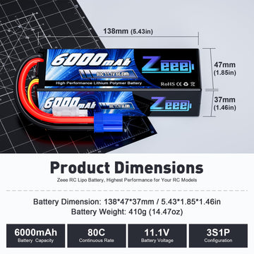 Zeee 11.1V 80C 3S 6000mAh Lipo Battery EC5 Connector for RC Cars & Boats (2 Pack)