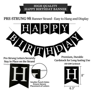 LITAUS, Birthday Decorations, NO DIY - Pack of 16 | Black Happy Birthday Banner, Honeycomb Balls, Swirls, Garland | Happy Birthd