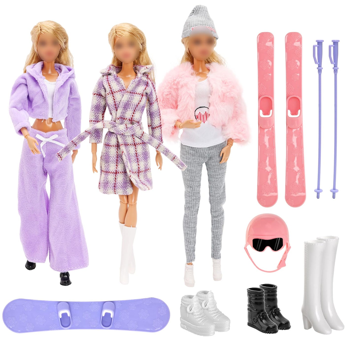 13 Pcs Doll Coat Clothes & Accessories - 3 Set Winter Coats, 2 Pairs Shoes & 8 Pcs Skiing Accessories for 11.5 Inch Girl Doll Pl