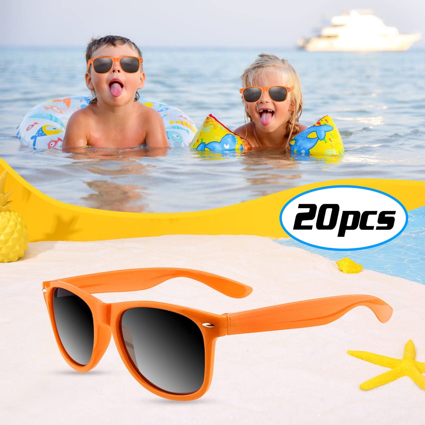 Tuparka 20 Pack Kids Sunglasses Bulk For Summer Pool Party Favors Birthday Parties Goody Bag Fillers, Orange