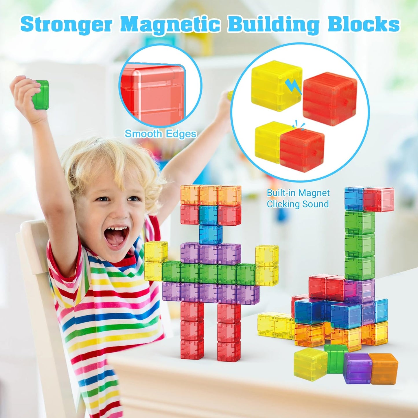 Caferria 1.38 Inch Magnetic Blocks Toddler Toys, 30Pcs Translucent Building Blocks Building Toys For Ages 2-4 5-7, Preschool Stem Magnet Sensory Montessori Toys For 2 3 4 5 6 Year Old Boys Girls