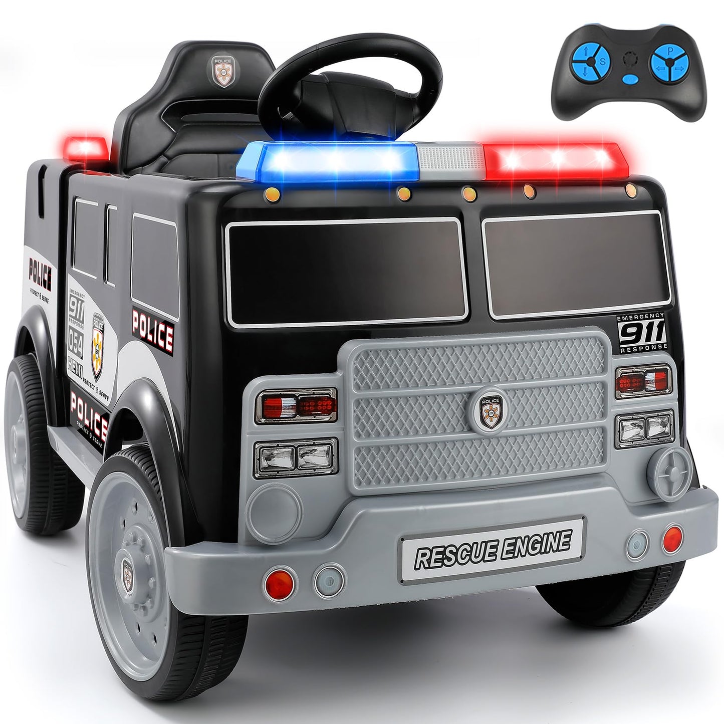 Elemara 12V Ride On Police Car, Electric Ride On Cop Cars For Kids,Battery Powered Ride On Truck, Ride On Toy W/Parent Remote Control,Siren-Call,Walkie-Talkies, Flashing Lights,Bluetooth,Music,Black