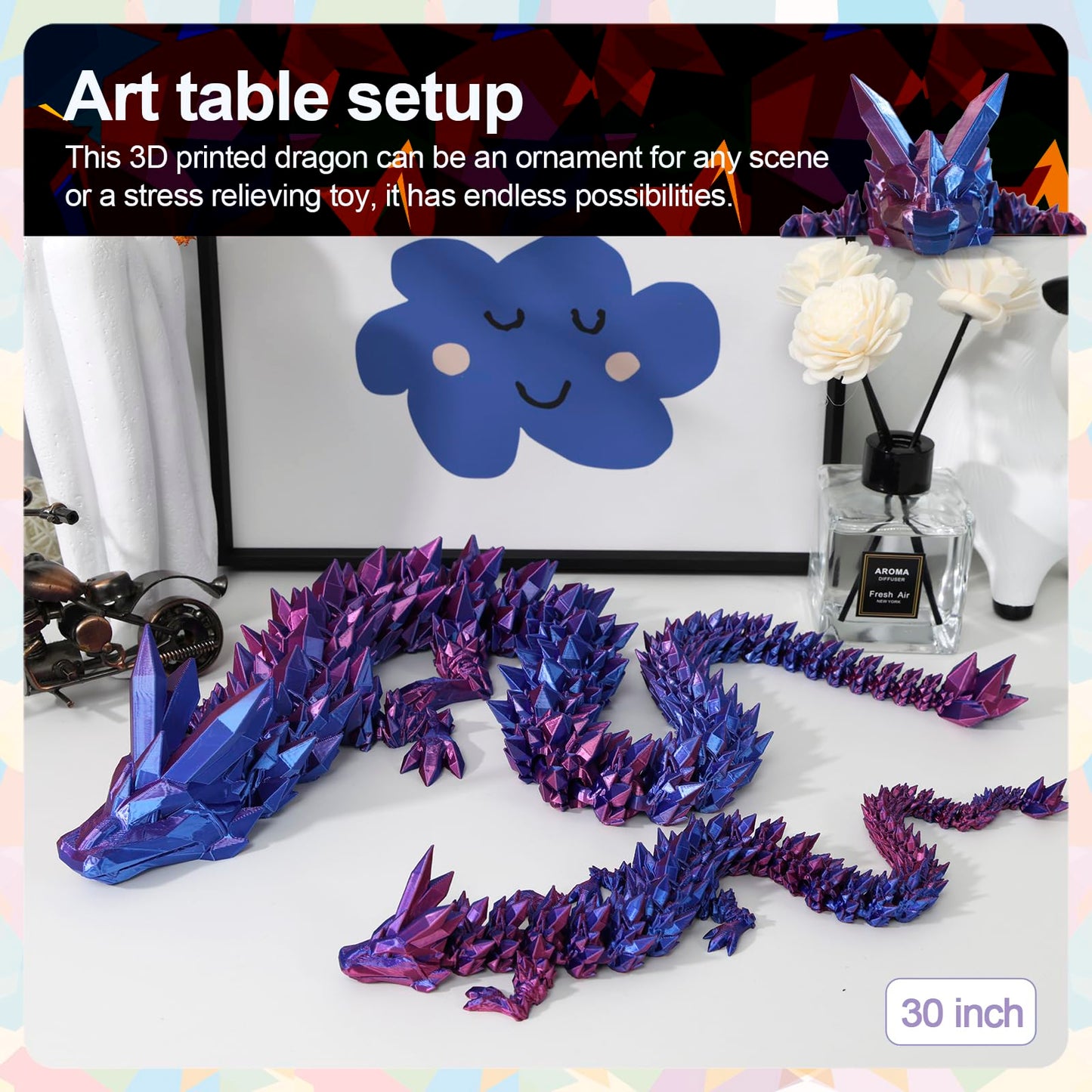 Meet Gladness 30 In 3D Printed Dragon, 30Inch Dragon,3D Dragon Toy,Large Dragon Present,Ariculated Crystal Dragon (Blue Purple,