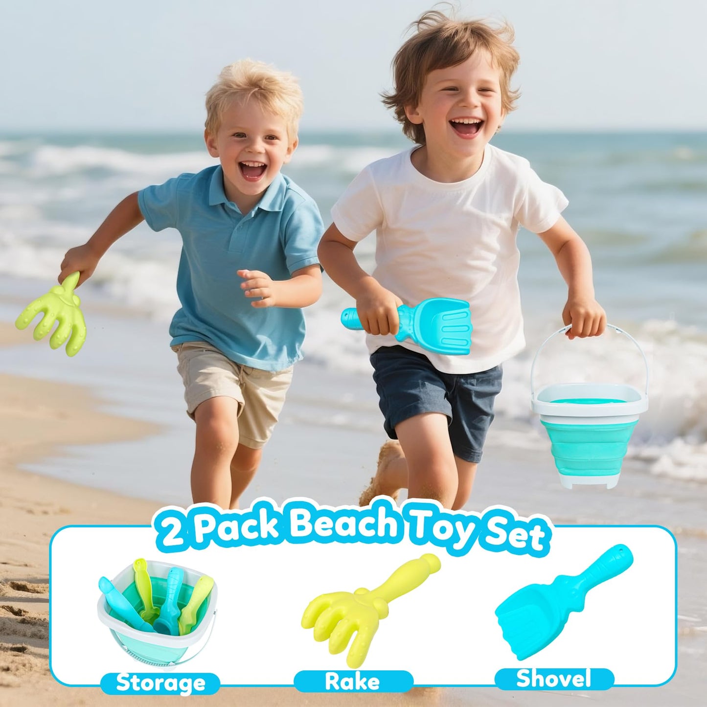 Gkdoms Kids Beach Toys Set With Collapsible Bucket, Sand Rake And Shovel, Turquoise And Orange, Ages 2-6, 2Pack Travel Toys (Two