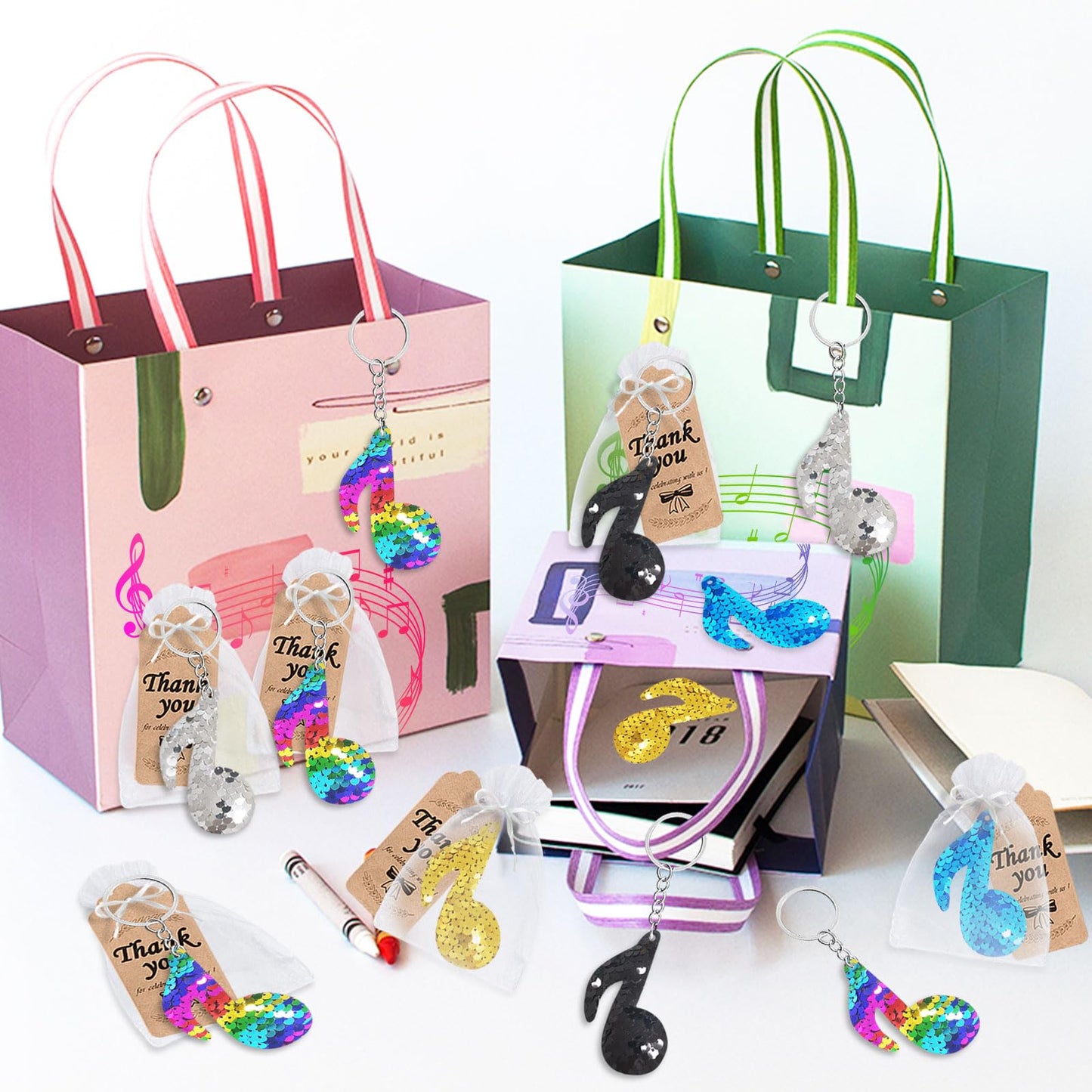 CiciBear 25 Pack Musical Note Sequin Keychains for Kids and Adults Birthday Gift, Baby Shower, Note Party Favor, 5 Colors