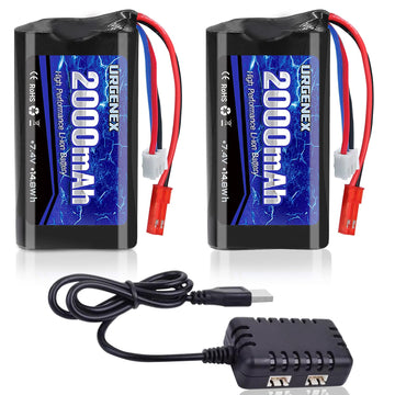 URGENEX 2000mAh 7.4 V Li-ion Battery with JST Plug 2S Rechargeable RC Battery with 1 to 2 USB Charger Fit for RC Helicopter Car