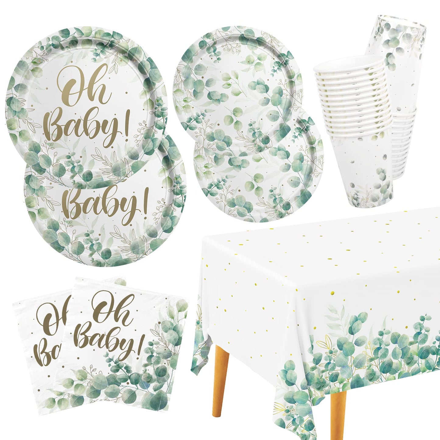 Sage Greenery Baby Shower Party Supplies Disposable Paper Plates Napkins Cups And Tablecloth For Boho Greency Party Decorations,