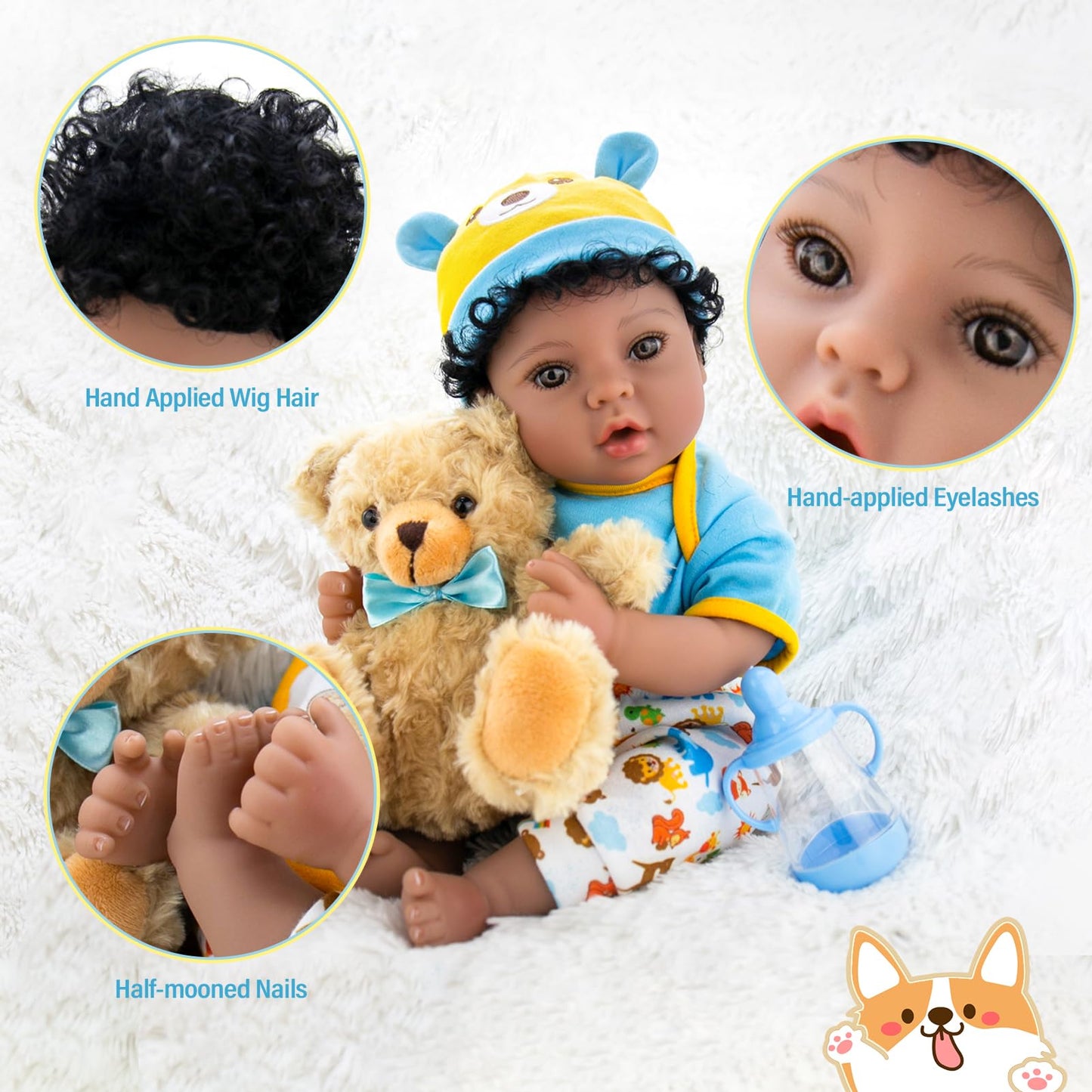 Aori Reborn Baby Dolls Black Blue Bassinet 18 Inch Lifelke Baby Boy Doll Biracial Newborn Baby In Carrier Bed With 7-Piece Gift Set