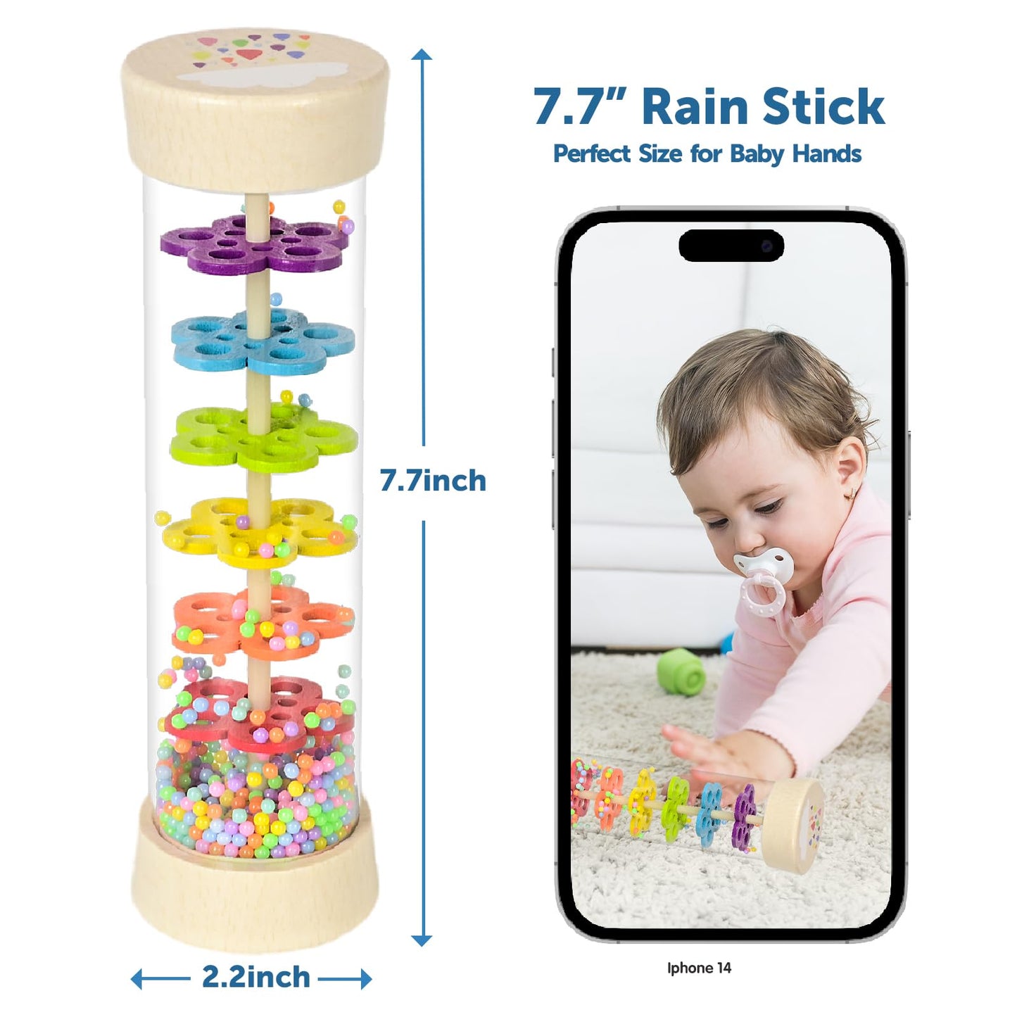 Greseesm Rain Stick, 7.7 Wooden Rainmaker Montessori Toys For Baby 6-12 Months, Baby Rattle Sensory Development Toys, Infant