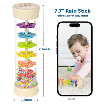 GRESEESM Rain Stick - Montessori Baby Rattle, Wooden Sensory Toy 7.7" for 6-12 Months, Multiple Colors