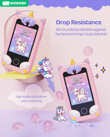 KOKODI Kids Smart Phone Toys, Birthday Gifts Unicorn Toddler Play Phone for Girls 3-10, Touchscreen HD Dual Camera Cell Phone fo