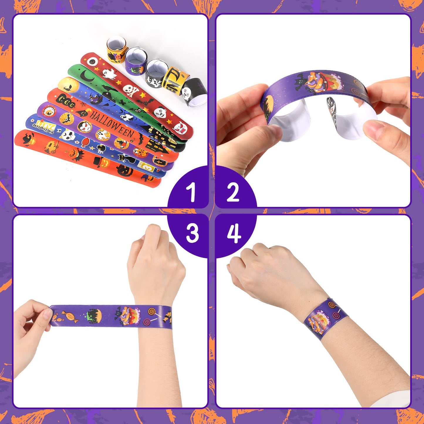 Garma 48Pcs Halloween Slap Bracelets Rubber Wristbands For Halloween Party Favors, Kids Girls Boys Toddlers Halloween Gifts