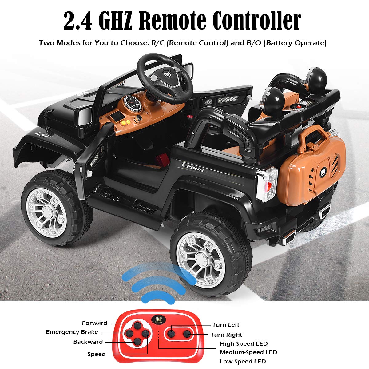 Costzon Ride On Car, 12V Battery Powered Car W/2 Motors, Parental Remote Control, Open Doors, Lights, Mp3, Music, Horn, Spring Suspension, High/Low Speed, Electric Ride On Truck For Kids (Black)