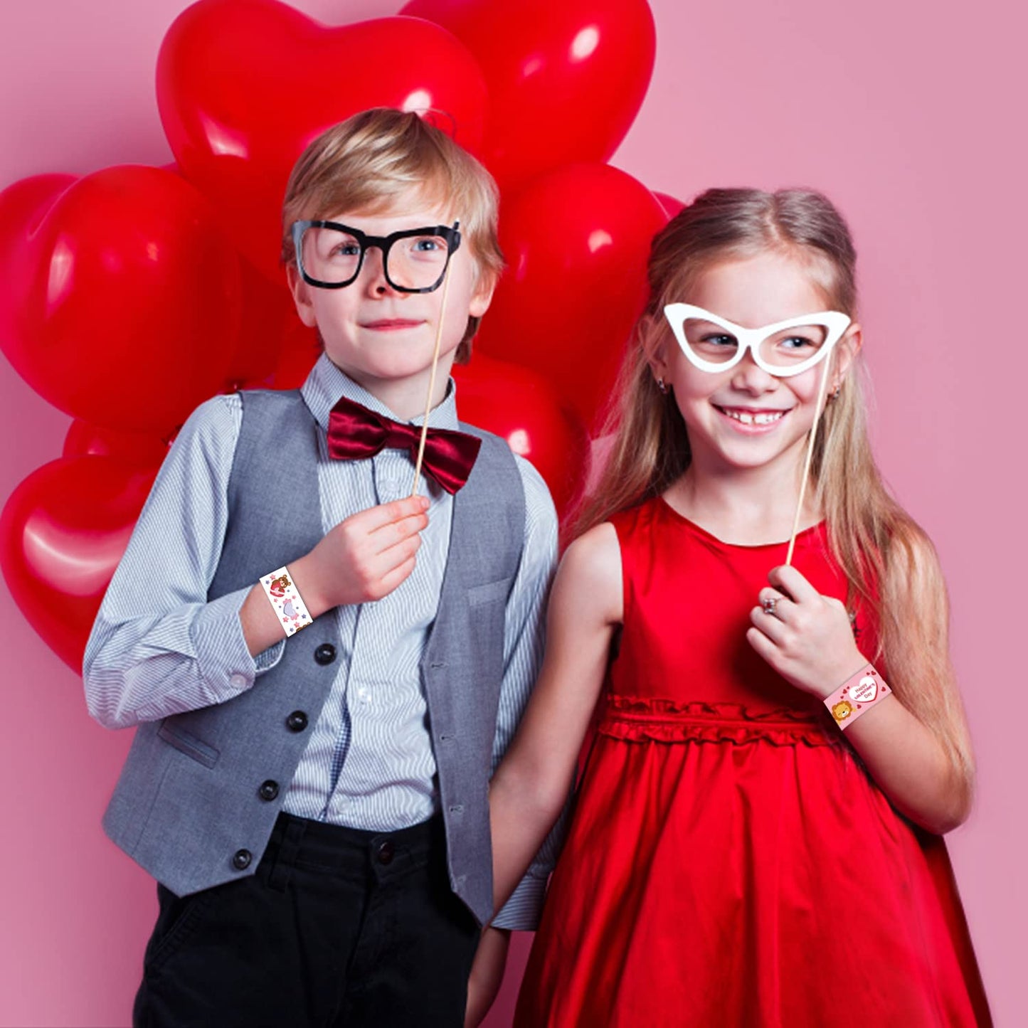 CCINEE 48PCS Valentine's Day Slap Bracelets, Assorted Heart Animal Printed Slap Wristbands Valentine Cartoon Snap Bands for Kids