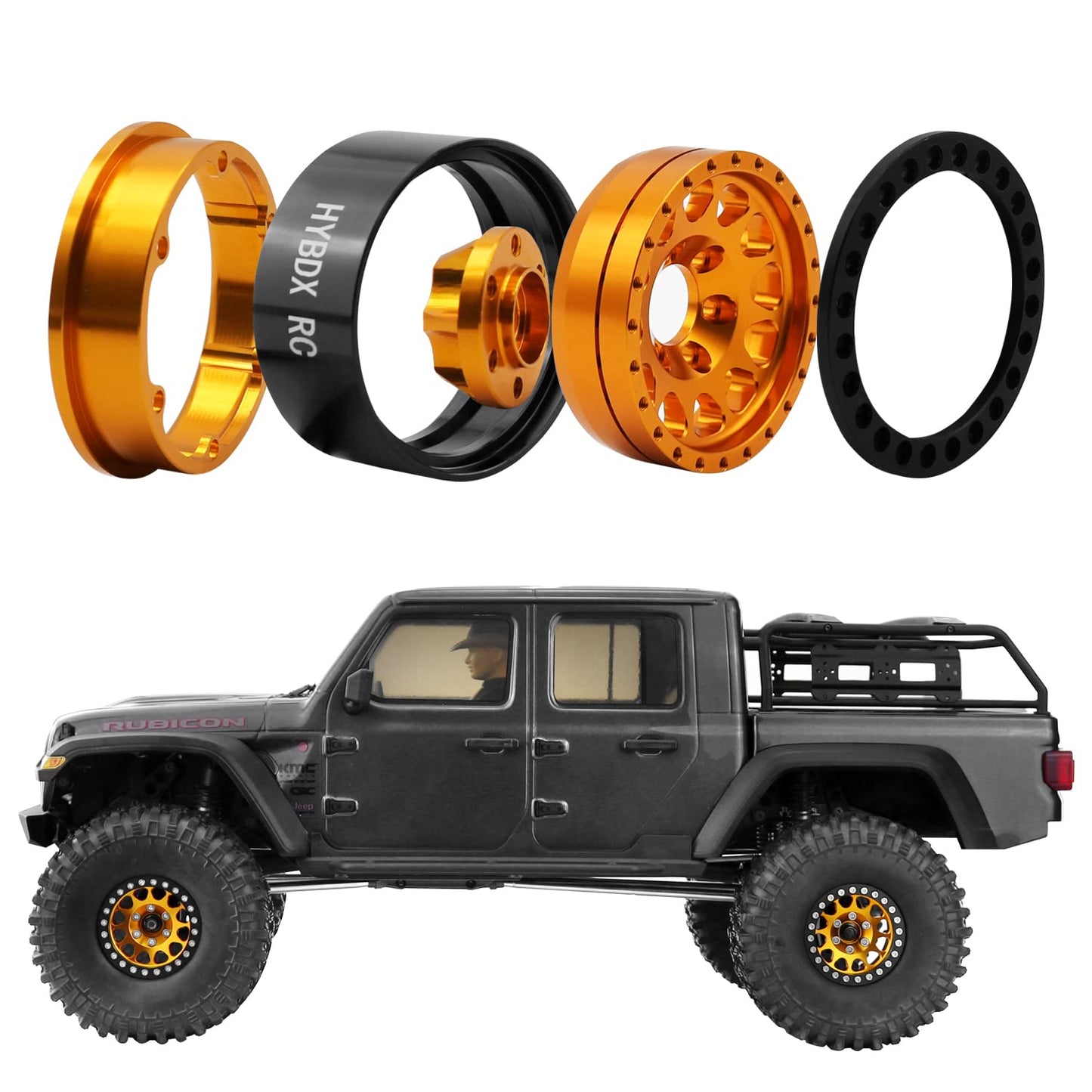 Hybdx Rc 1.9 Inch Aluminum Alloy Beadlock Wheel Rim Hub 4Pcs Suit For 1:10 Rc Crawler Axial Scx10 Scx10 Ii Trx4 Rc4Wd D90. (Gold