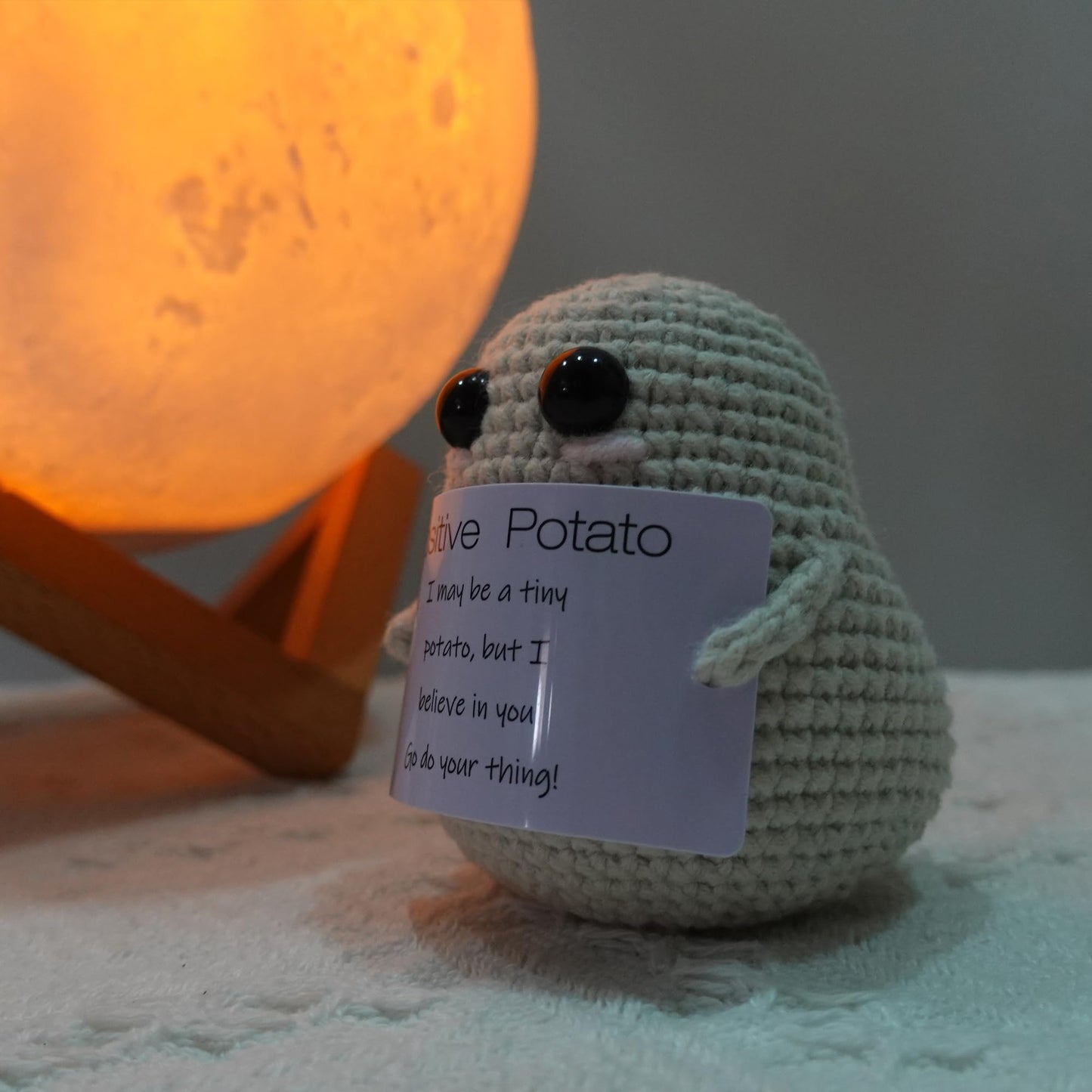 Dicha Positive Potato- Cute And Funny Emotional Support Gift For Friends Party Decoration Encouragement-Handmade Crochet Animals With Card Spreading Joy-Beige