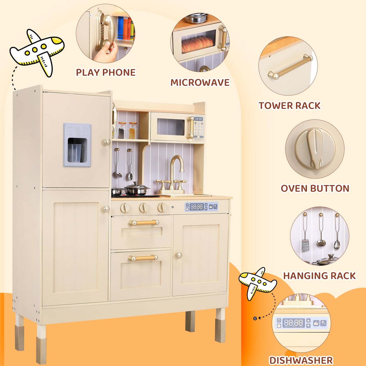 Clevich Wooden Play Kitchen for Kids, Toddler Vintage Kitchen Toy Set w/Pretend Phone, Ice Maker, Towel Rack, Height Adjustable