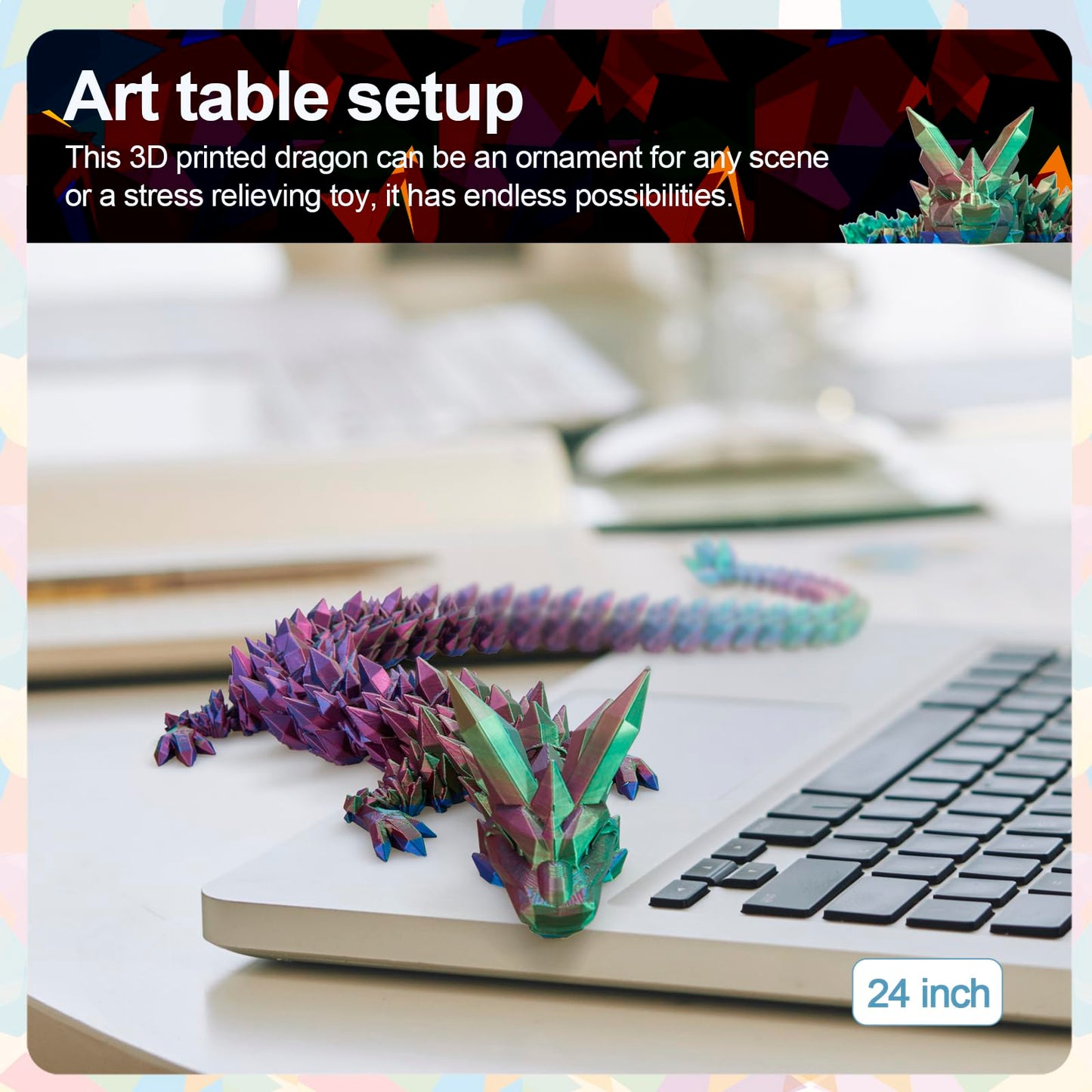 Rwsefk 24 In 3D Printed Dragon, 24Inch Dragon,3D Dragon Toy,Large Dragon Present,Ariculated Crystal Dragon(Blue Green Purple)