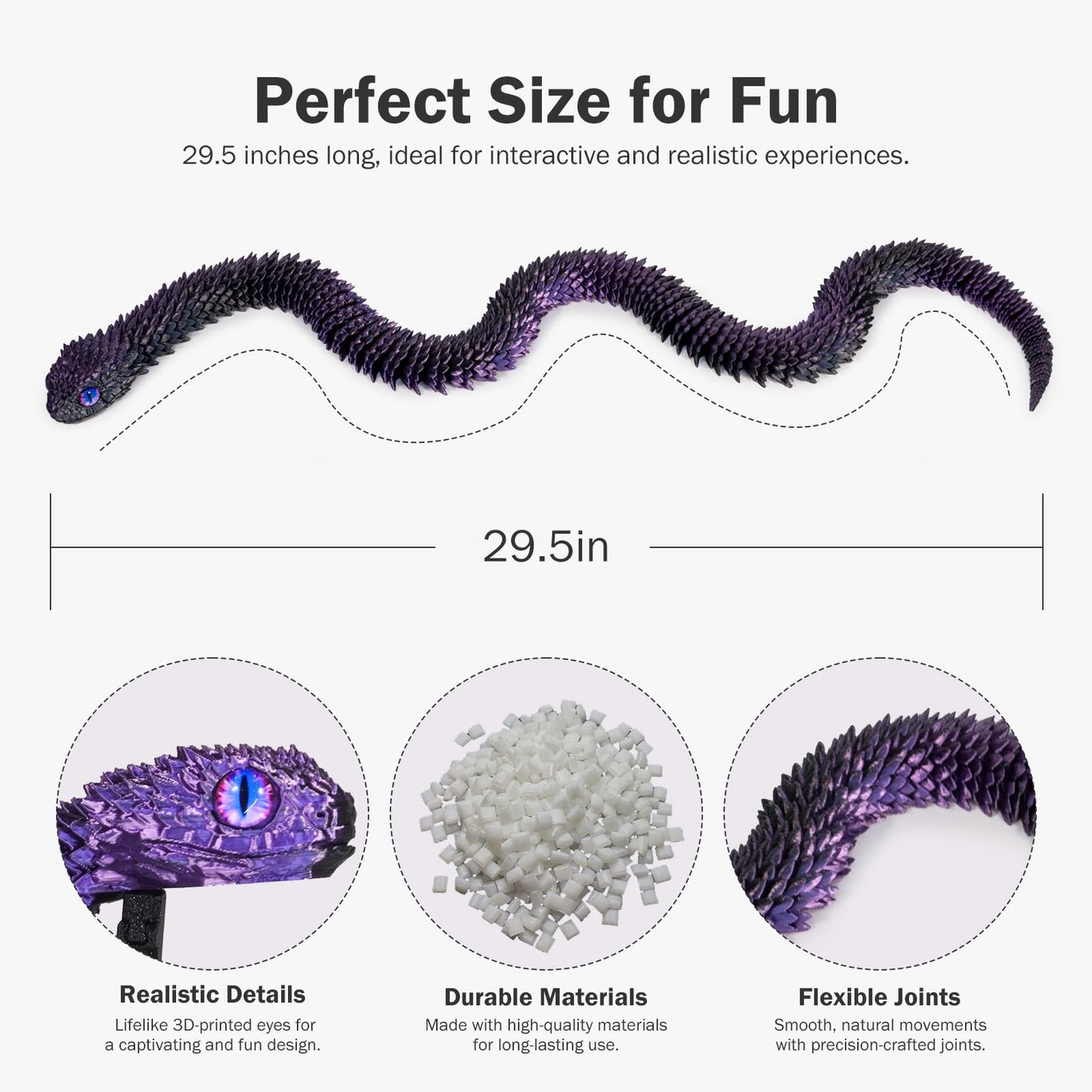 Nemoro 3D Printed Articulated Snake - 29.5'' Crystal-Like Movable Snake- Realistic Slithering Design, Collectible Articulated Mo