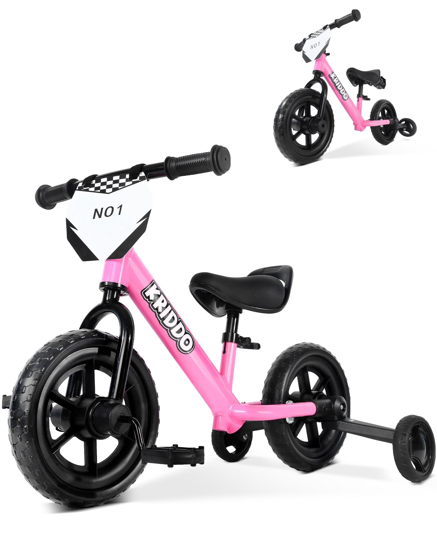 KRIDDO 2-in-1 Kids Tricycle and Toddler Balance Bike 2 Year Old, Detachable Pedals and Stowable Training Wheels, DIY Plate, Ridi