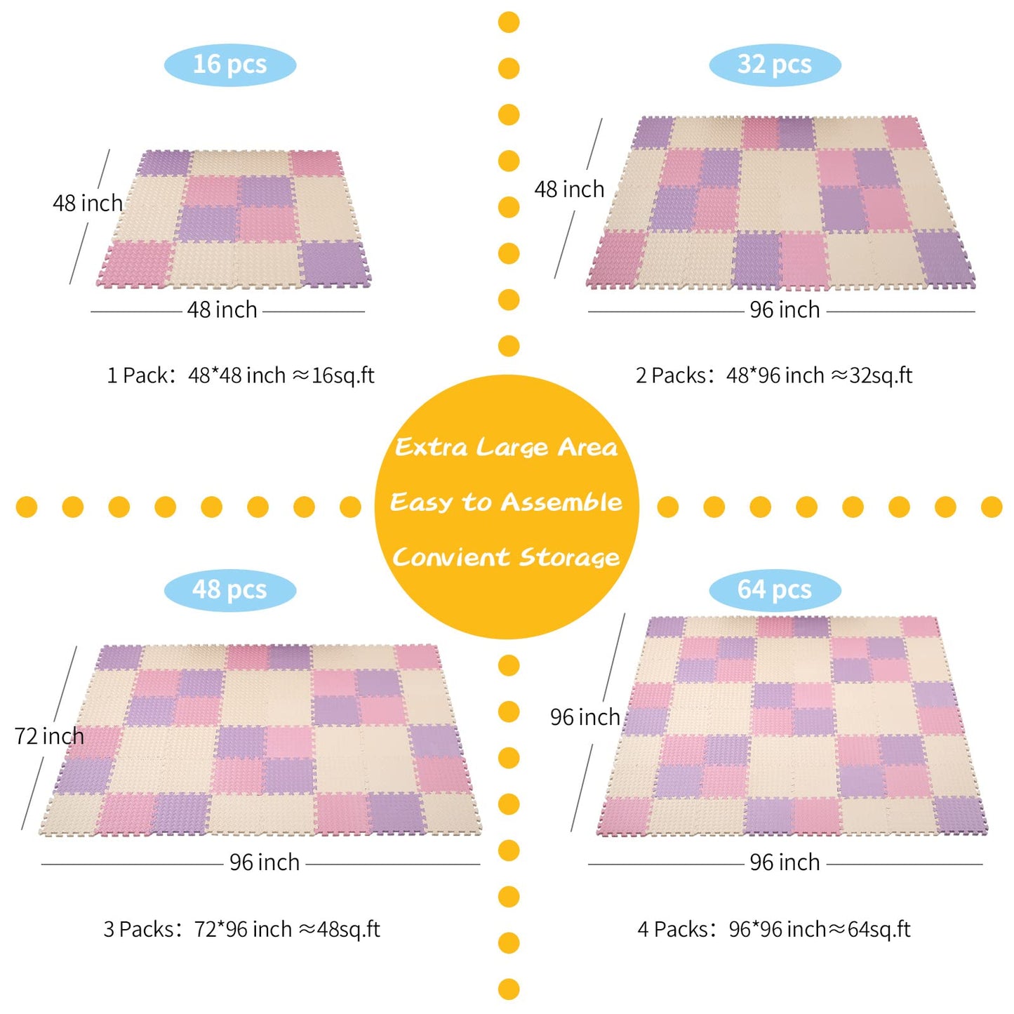 Tamiplay 16 Tiles Foam 0.4 Inch Thicked Interlocking Floor Mats With Solid Colors, Squares Baby Play Mat, Eva Foam Puzzle Foam Mats For Kids, Baby, Toddlers(Pink/Beige/Purple)