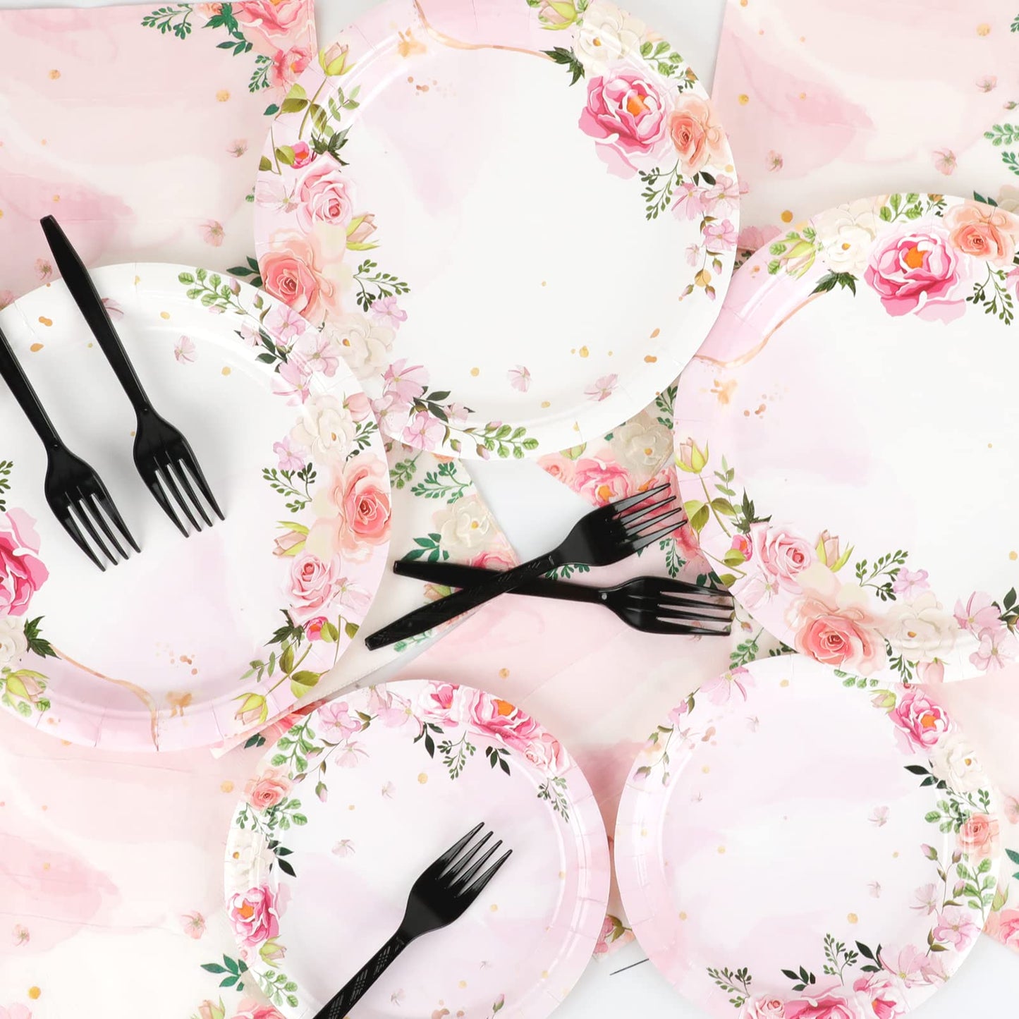 Gisgfim 96 Pcs Floral Party Plates And Napkins Party Supplies Pink Spring Flower Theme Party Tableware Set Watercolor Floral Tea