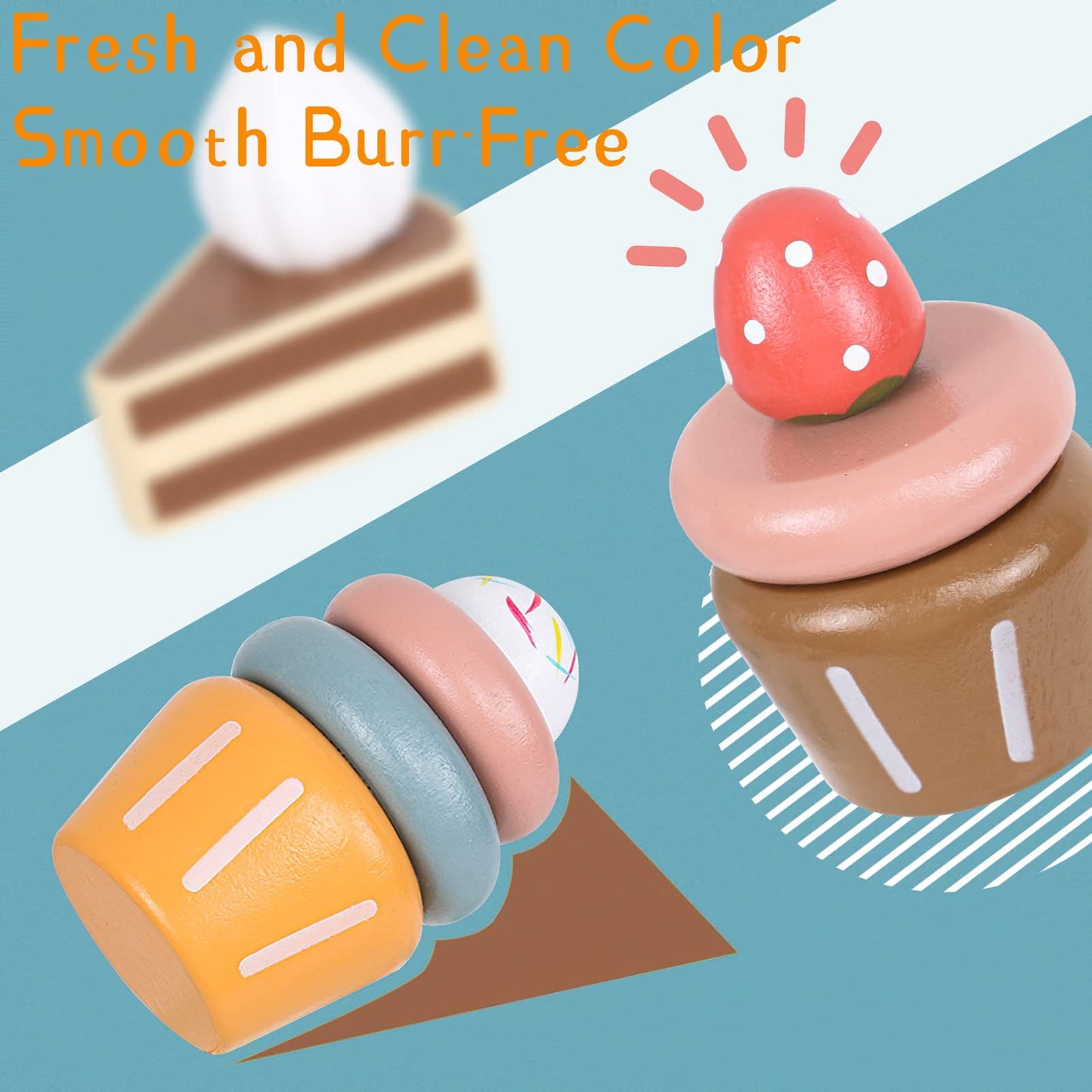 Wooden Dessert Cake Play Food Set Toys, Pretend Play Kids Tea Party Set for Little Girls Toddlers, Montessori Wooden Play Kitche