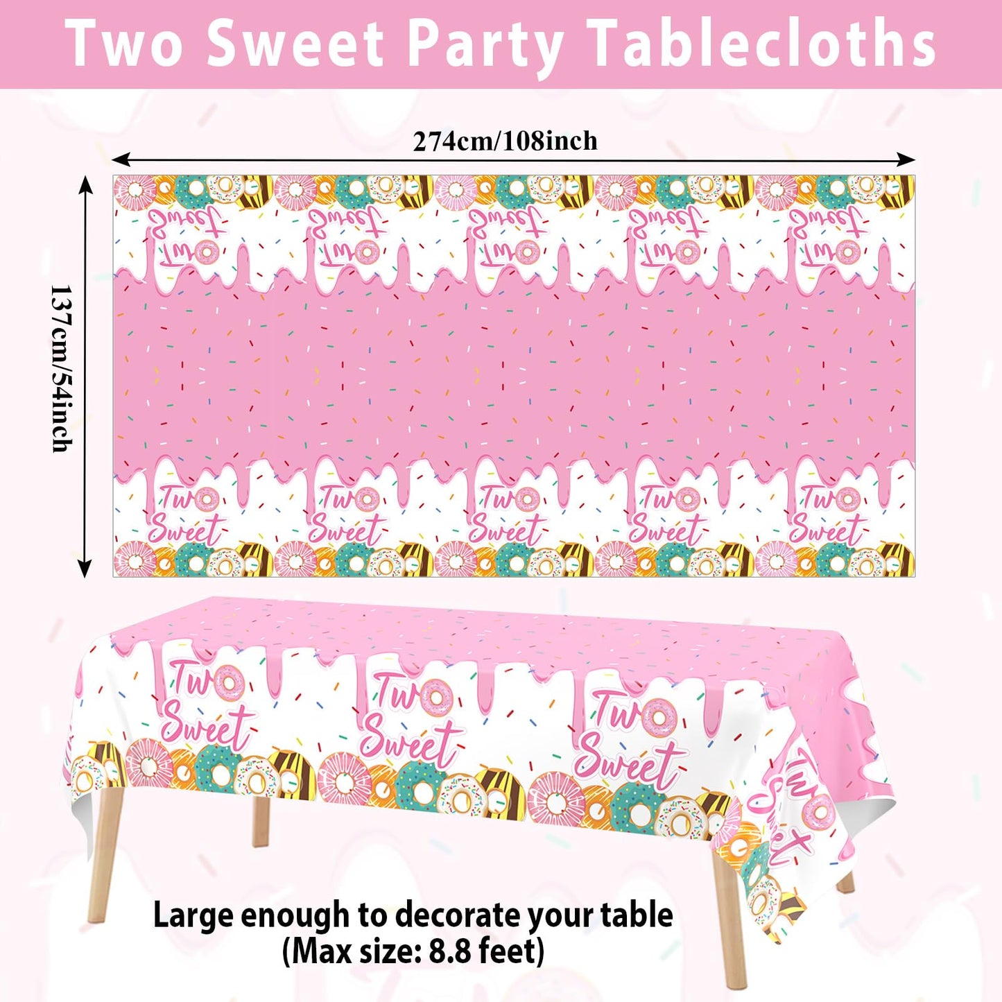 3 Pack Two Sweet Donut Birthday Party Tablecloths Decorations Girls Donut Themed Plastic Table Covers For Baby Girl 2Nd Birthday Party Supplies Pink Donut Party Favors Table Decor 54 X 108 Inch