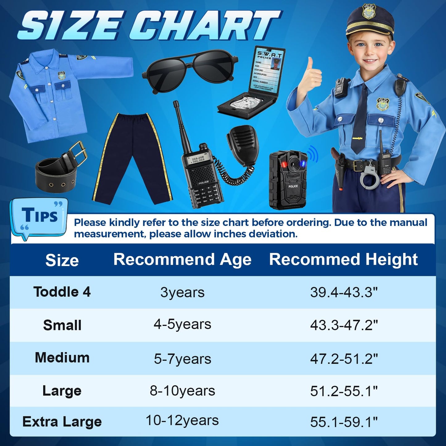 Luucio Kids Police Officer Costume, Blue Polyester, 120-130 (5-7Y), with Accessories, Halloween Dress-up for Boys
