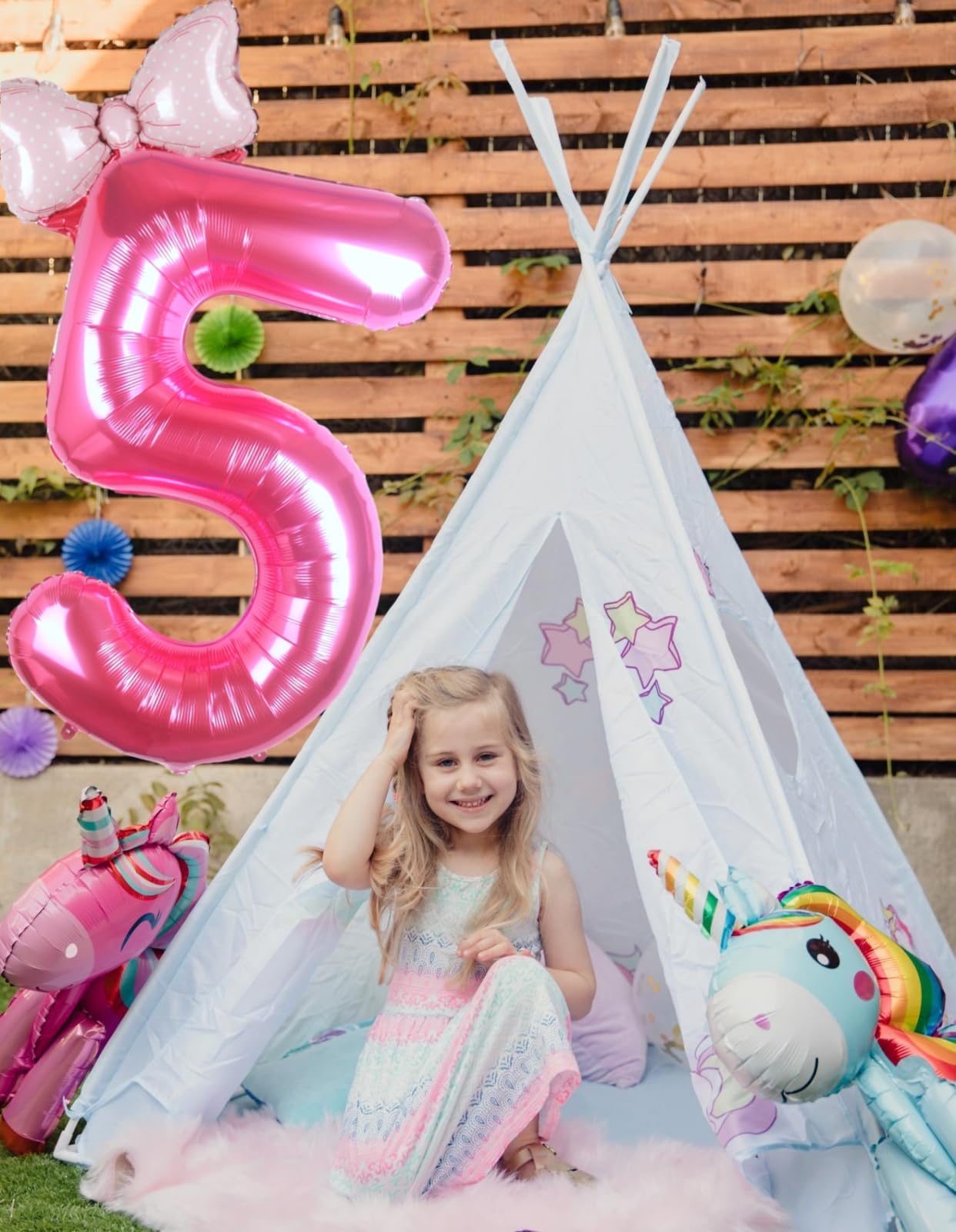 Kwuz 40 Inch Pink Number 5 Balloon with Mini Bow Balloon for Girls 5th Birthday Decorations, Pink Girl Princess Western Cowgirl