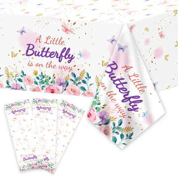 Obusatt 3Pcs Butterfly Baby Shower Party Tablecloth Supplies A Little Butterfly Is On The Way Baby Girl Party Disposable Plastic