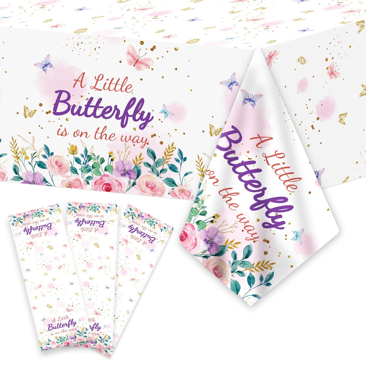 OBUSATT 3Pcs Butterfly Baby Shower Party Tablecloth Supplies A Little Butterfly is On The Way Baby Girl Party Disposable Plastic
