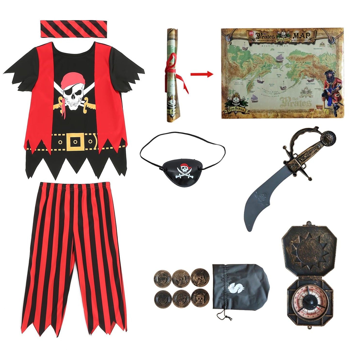 Wizland Children'S Pirate Costume 8Pcs Deluxe Pirate Costume For Kids 9-10Years