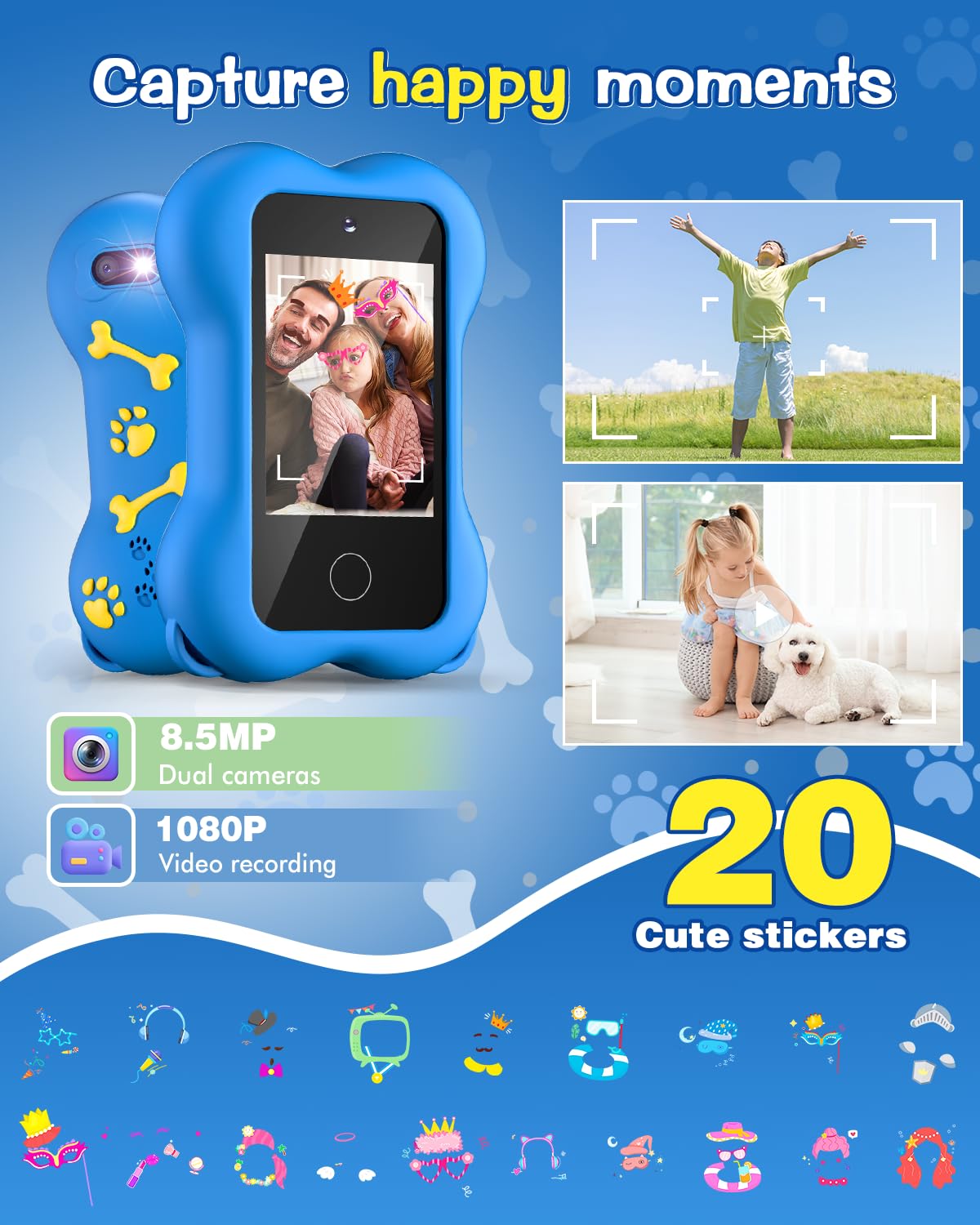 TERRAMUS Cute Paws Kids Smart Phone Toys, 2.8'' Touchscreen HD Dual Camera Cell Phone for Toddlers, Play Phone with MP3 Music Pl