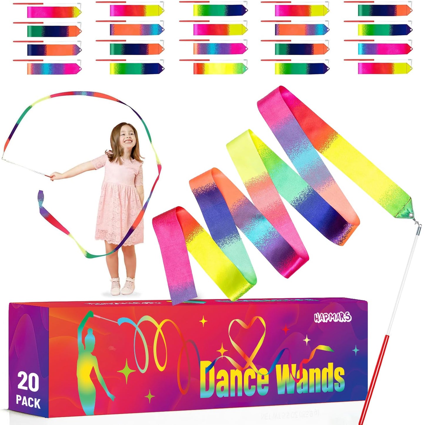 Hapmars 20 Pack Ribbon Dancer Wands For Kids, Rainbow Streamers, Party Favors Goodie Bags Stuffers, Girls Birthday Gifts For Dan