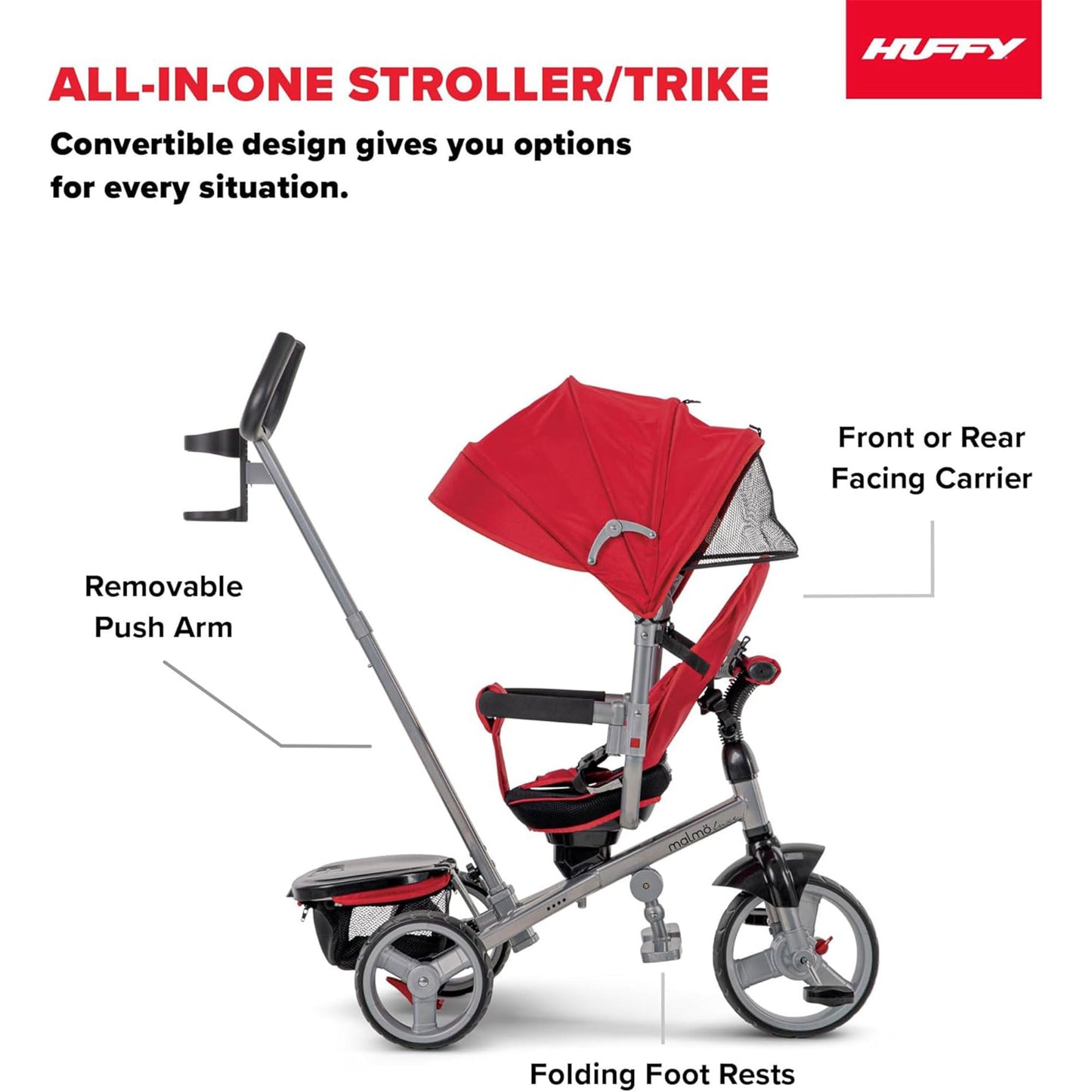 Huffy Malm Luxe 4-in-1 Canopy Trike with Push Handle, Cup Holder & Rear Storage Red