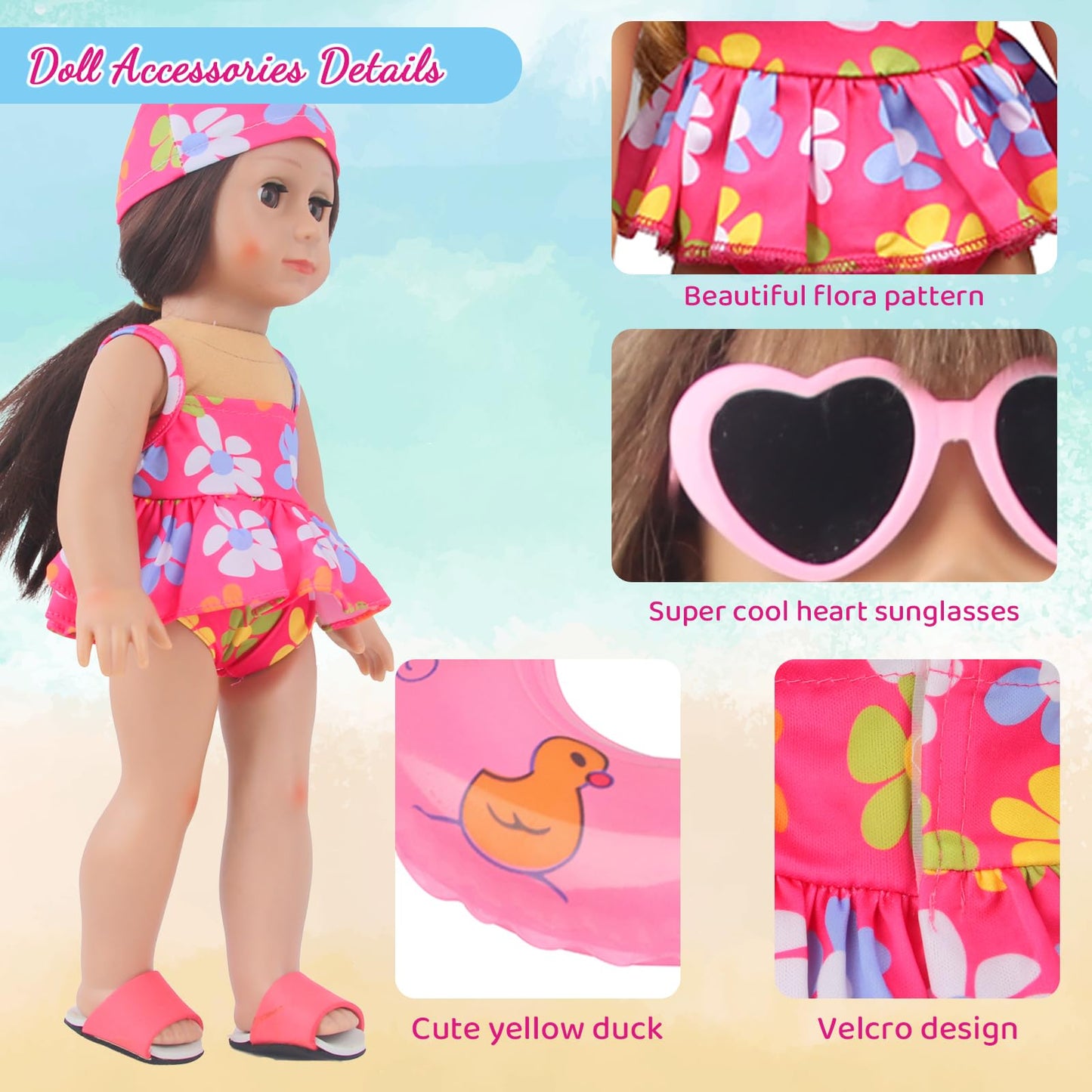 Msyo 18 Inch Doll Swimsuit Playset, Dorable Doll Summer Dress Playset For 18 Girl Dolls, Includes Doll Bikini Swimsuits, Lovely Sunglasses, Goggles, Sandals And Water Inflatable Ring