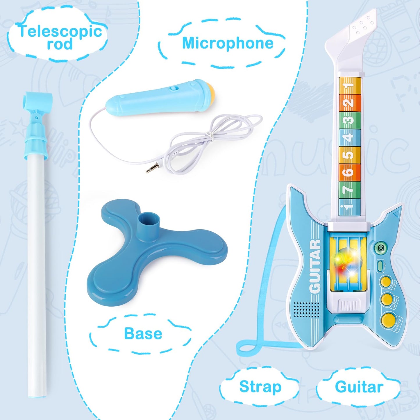 Deao Kids Guitar And Microphone Set With Stand Adjustable Height Music Light Karaoke Music Toys Christmas Birthday Gift For Kids Boys Girls (Blue)