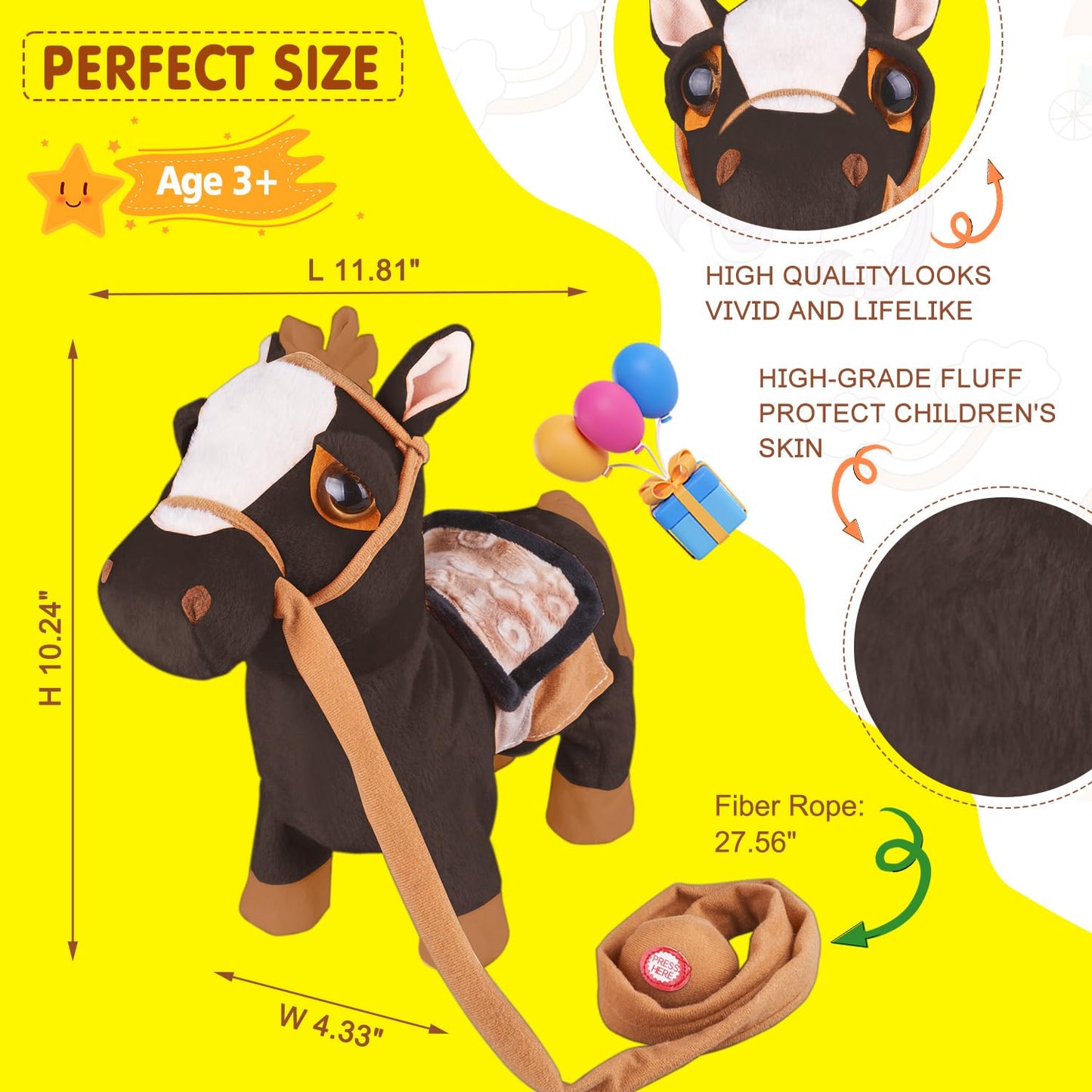Black Walking Pony Plush Interactive Pony Toy Singing Dancing Musical Realistic Pony, Stuffed Shaking Leash Horse Toy Head Butto