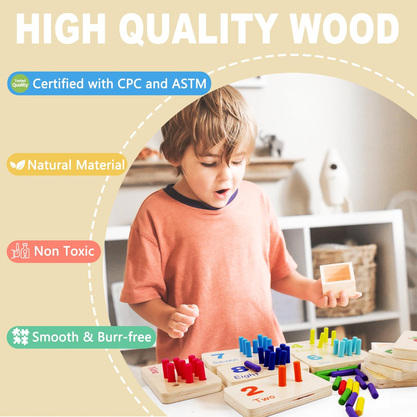 BEWITU Wooden Number Counting Peg Board - Montessori Math Counters for Kids 3-5 Years, Rainbow Colors, Medium Size Learning Toy
